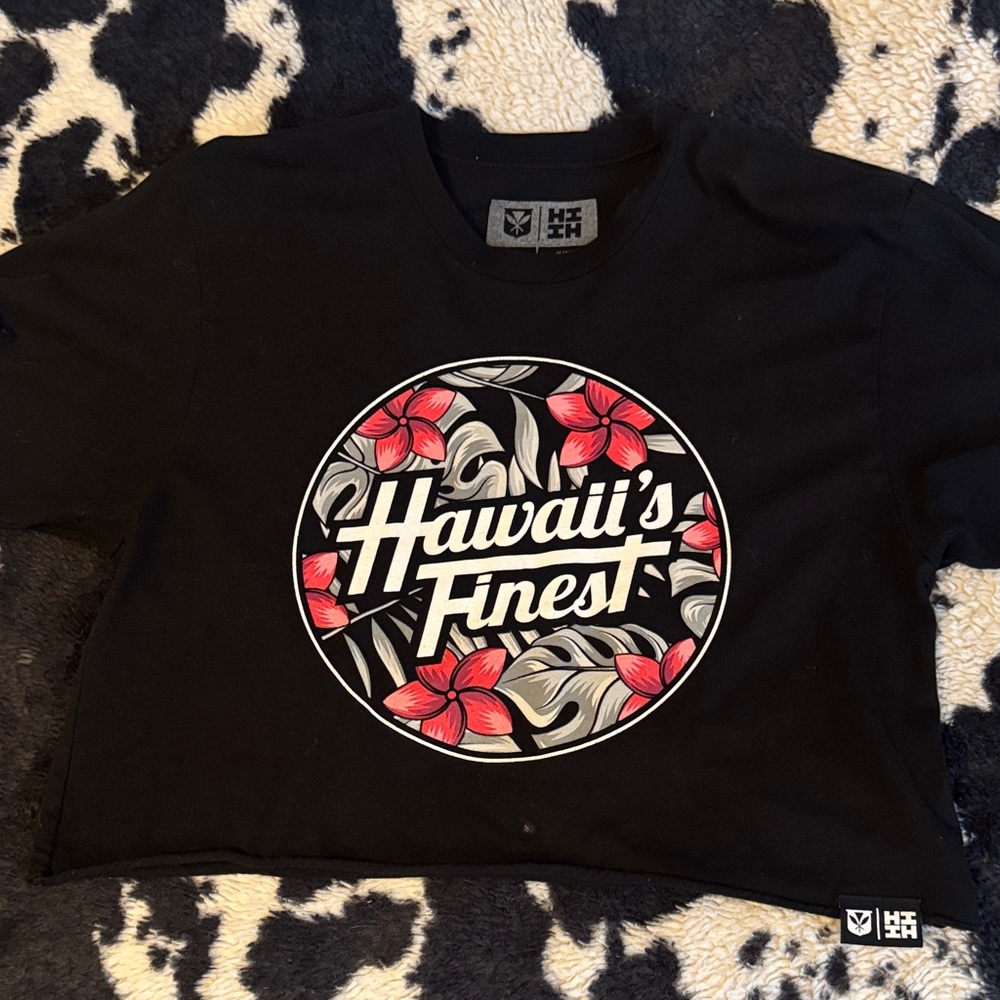 Hawaii's Finest Black cropped Tee with pink and Gray Floral Design